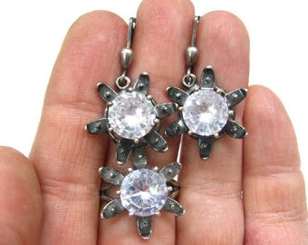 Granny gift for vintage lover Victorian jewelry set CZ ring earrings set size 8 9 ring dangle earrings antiqued silver clear cubic zirconia