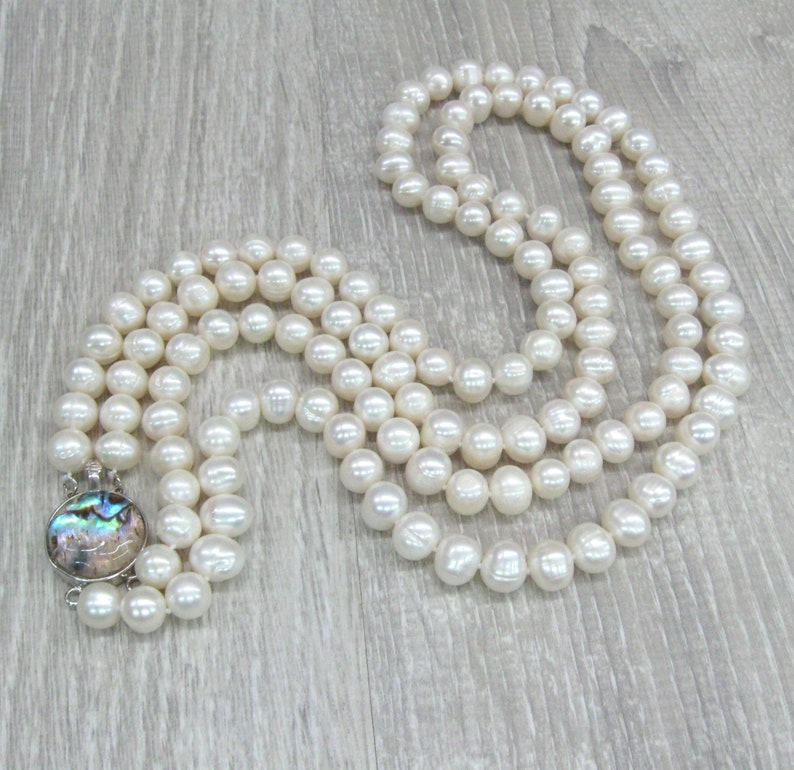 Double strand Pearl Necklace with Rainbow Abalone closure Great Gatsby style natural 8 10 mm pearl jewelry 24 inches statement necklace