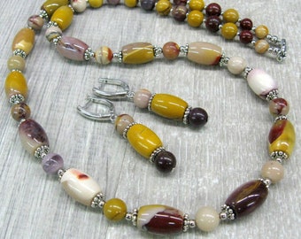 Mookaite Jasper long Necklace and Earrings set Mustard Yellow Beige red Gemstone boho jewelry set