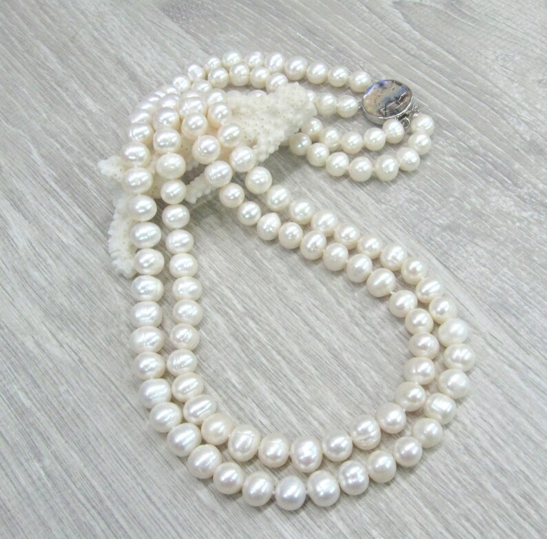 Double strand Pearl Necklace with Rainbow Abalone closure Great Gatsby style natural 8 10 mm pearl jewelry 24 inches statement necklace