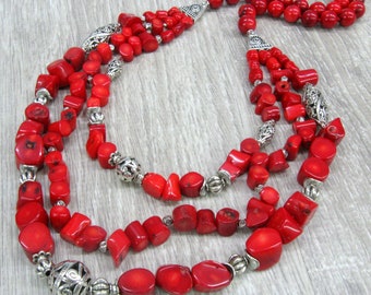 Natural Coral multi strand Necklace Red coral beads three strands layered boho necklace with silver accents