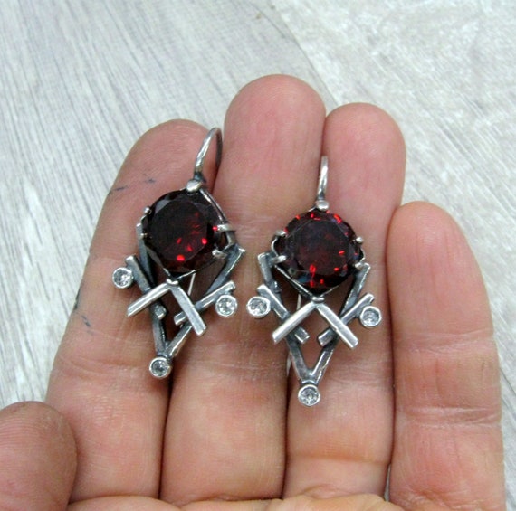 Russian vintage silver earrings Red garnet imitat… - image 2