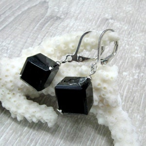 Black onyx cube earrings gemstone dangle earrings with cube square beads simple black earrings
