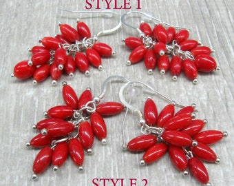 Red coral cluster earrings with rice grain beads on sterling silver ear wires, Natural coral jewelry