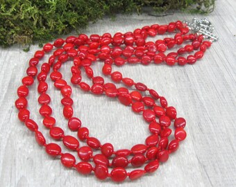 Red Coral coin necklace Ukrainian ethnic jewelry layering triple coral strand red wedding multi strand necklace energy protection good luck