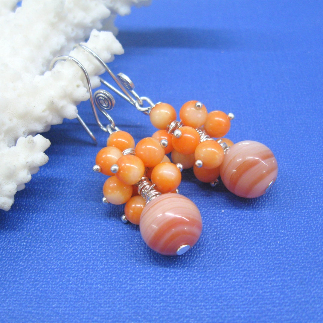 Pale Orange Gemstone Earrings Natural Coral Carnelian Cluster Earrings