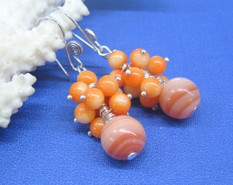 Pale orange gemstone earrings natural coral carnelian cluster earrings ball earrings light orange color coral natural coral jewelry gift