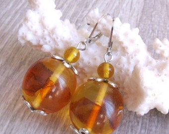 Upcycled Amber round drop earrings with recycled vintage and new beads  in filigree cups retro style big ball  earrings