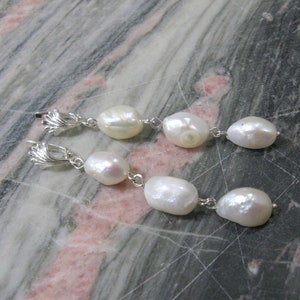 Long nugget pearl earrings natural white baroque pearl drop earrings in sterling silver with shell shaped top image 9