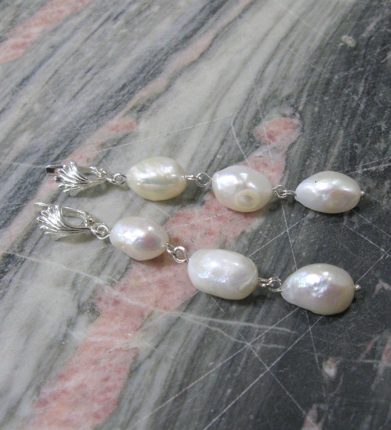 Long nugget pearl earrings natural white baroque pearl drop earrings in sterling silver with shell shaped top image 9