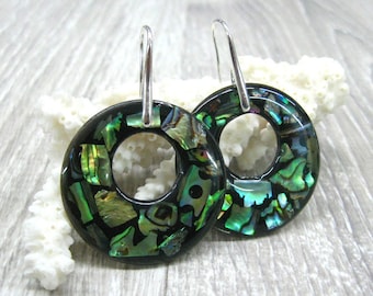 Round abalone paua earrings, Donut earrings, natural shell earrings in sterling silver Rainbow abalone ocean jewelry wide hoop earrings