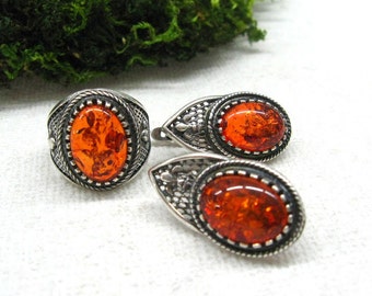 Orange Baltic Amber Ring Earrings Jewelry set Russian vintage 1970s natural amber collectors jewelry gift for woman 7.5 size ring gift set