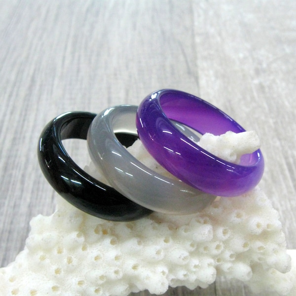 Asexual pride ring set of 3 black onyx gray purple agate stacking rings size 6 7 8 9 carved stone bands solid stone rings pride flag LGBTQ