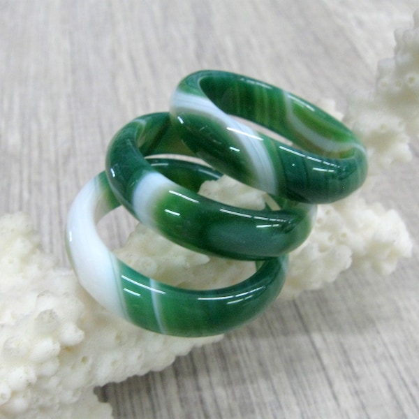 Green and white banded agate rings solid stone band carved gemstone 6 mm rings for man woman small to large sizes 5.5 to 9 10 two colored