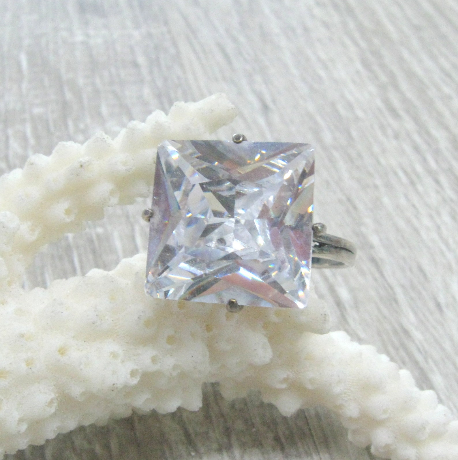 Large Square Ring Vintage Rings Size 8 9 Silver Ring Clear - Etsy
