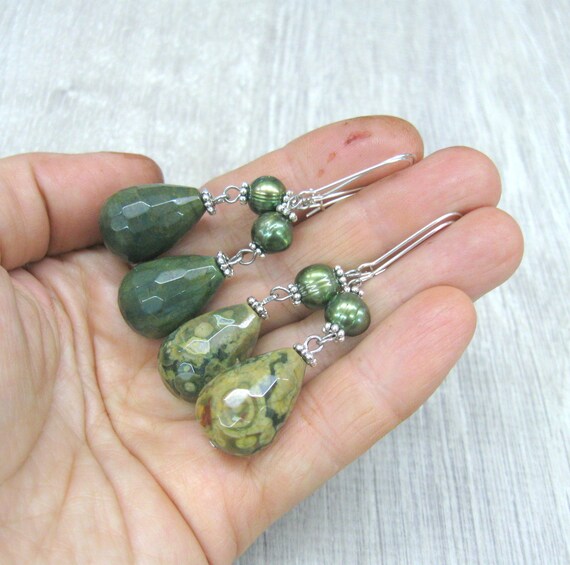 Natural Green Jasper and fresh water pearl Teardrop earrings Moss green Olive green gemstone dangling earrings Forest green Earthy jewelry