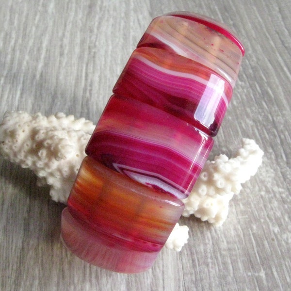 Pink agate stretch bracelet 25 mm wide stone bangle dyed banded agate jewelry