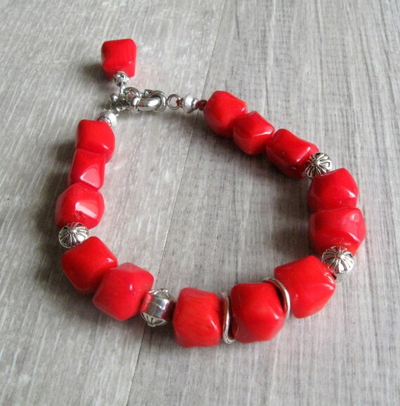 Coral Jewellery. Scarlet Rose Ruby Red Bracelet Natural Red Coral Heavy Gemstone Beaded Handmade Band Bracelet