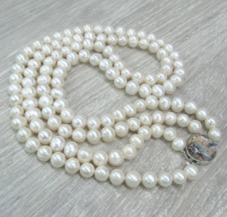 Double strand Pearl Necklace with Rainbow Abalone closure Great Gatsby style natural 8 10 mm pearl jewelry 24 inches statement necklace