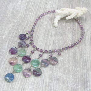 Rainbow fluorite statement necklace fashion choker gemstone coin bead bib necklace multi color boho fringe necklace Pisces birthstone gift