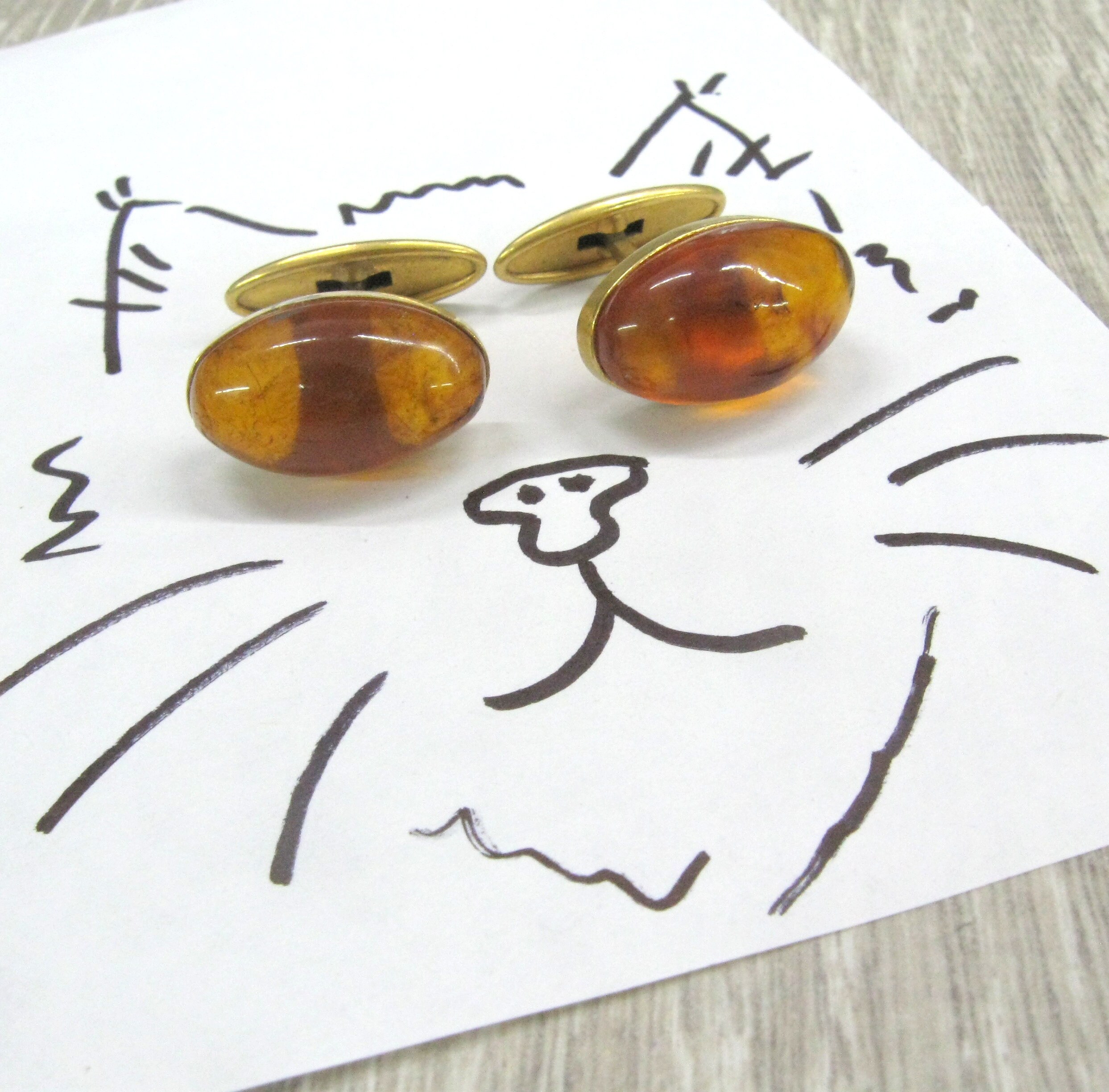 Boutons De Manchette En Or 9 Carats Avec Ambre Baltique Caramel - Fabriqués Main En Italie, Dos Réglable, Pièce Unique