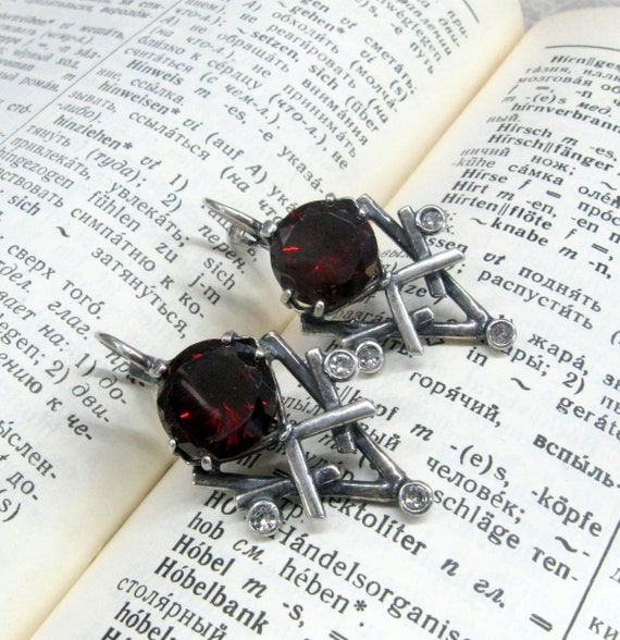 Russian vintage silver earrings Red garnet imitat… - image 6