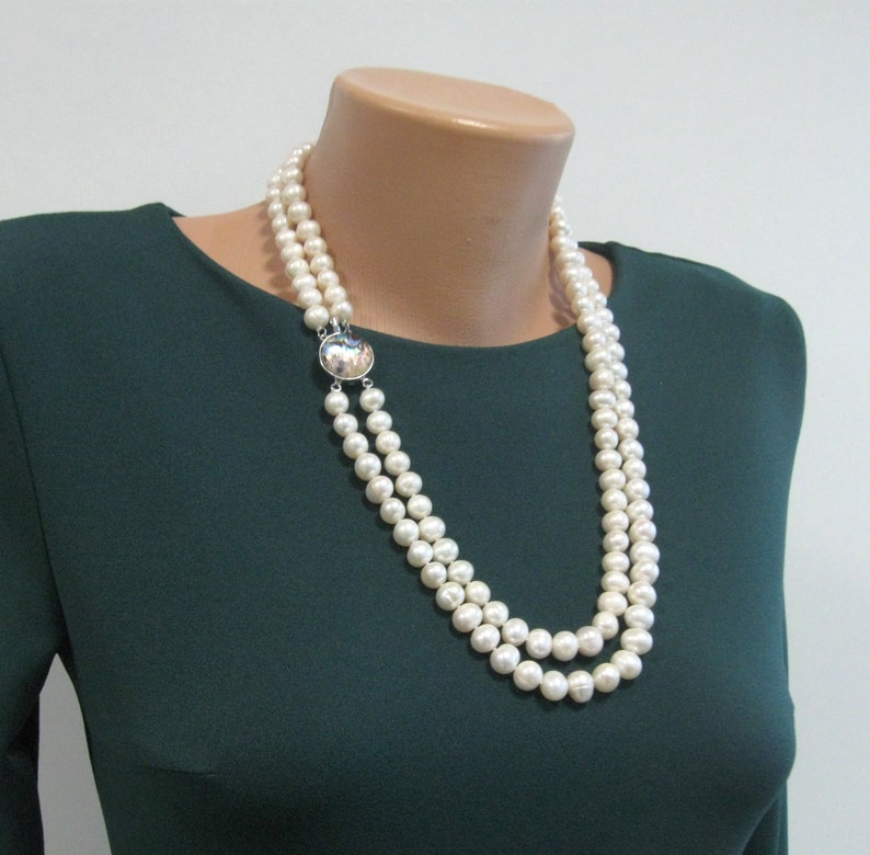 Double strand Pearl Necklace with Rainbow Abalone closure Great Gatsby style natural 8 10 mm pearl jewelry 24 inches statement necklace