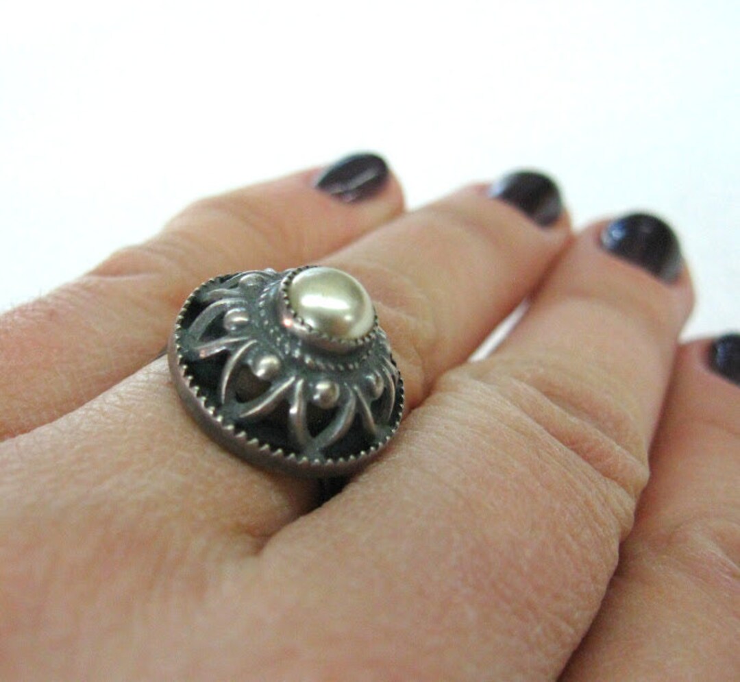 Russian Antique Vintage Rings for Women Faux Pearl Silver Plated Dome ...