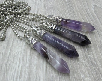 Amethyst Kristall Punkt Halskette 2,5 Zoll Amethyst Anhänger an Kugelkette oder Lederband Lila Kristall Schmuck Flieder Layering Halskette