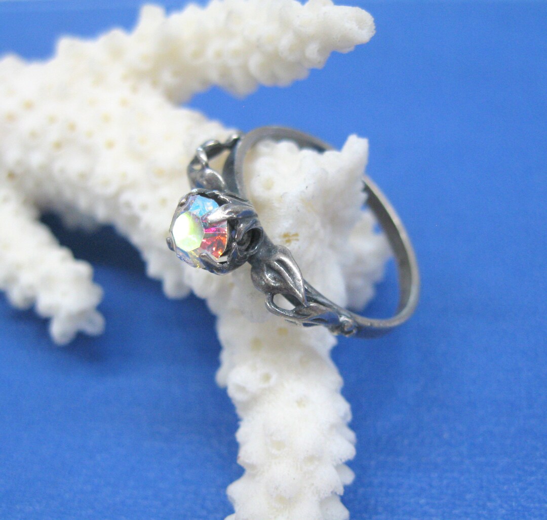 Vintage Silver Plated Solitaire Ring With Rainbow Czech Glass Crystal, Size 9 Rings for Women