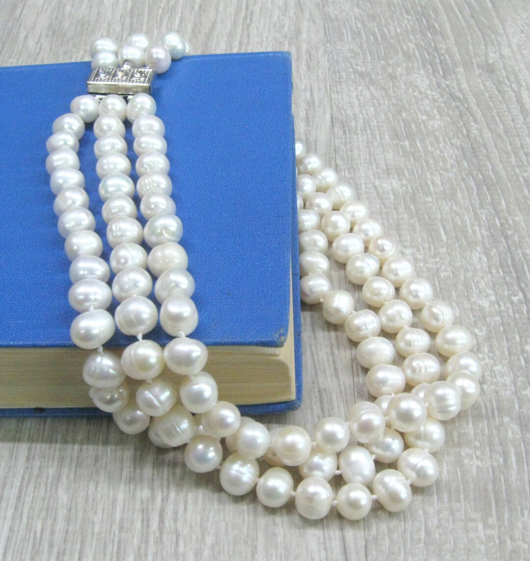Triple Strand Pearl Choker Multi Strand Necklace Natural Cultured