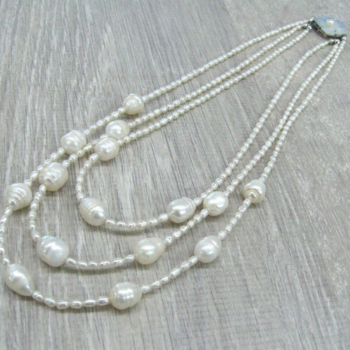 Triple pearl necklace layering multi strand necklaces Mother's day gift for bride wedding pearl shops jewelry white rice pearls freshwater pearls
