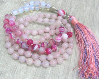 Rose Quartz mala Pink Tassel necklace 108 bead mala for woman Pink Agate Quartz Opalite moonstone Feminine necklace gemstone yoga beads 8 mm