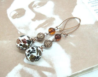 Long Copper Earrings Mosaic Amber Honey Brown Baltic Amber dangle drop earrings chocolate brown jewelry woman gift fall fashion halloween