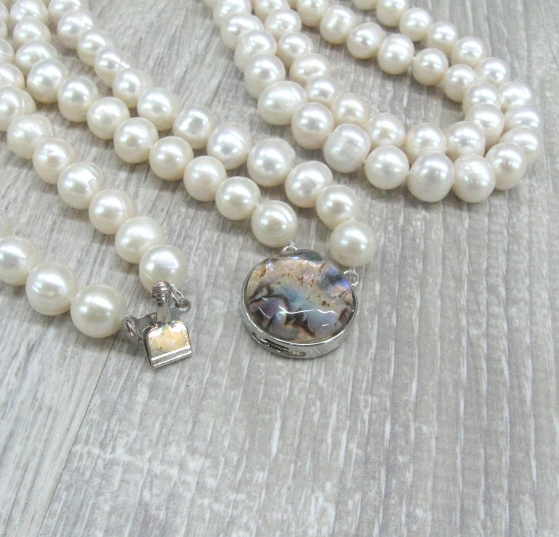 Double strand Pearl Necklace with Rainbow Abalone closure Great Gatsby style natural 8 10 mm pearl jewelry 24 inches statement necklace