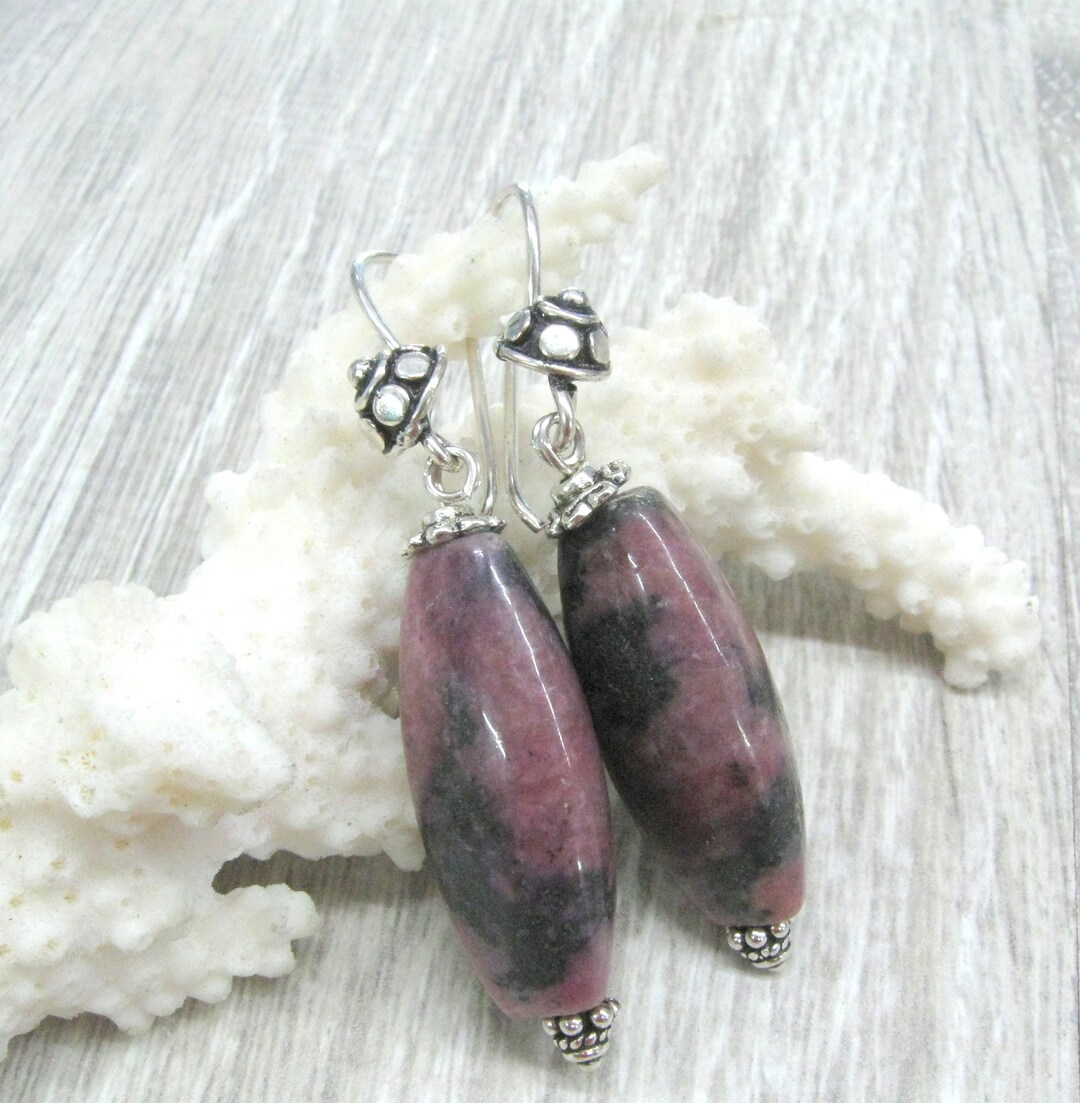 Pink Gray Rhodonite Dangle Earrings Semiprecious Stone Natural Mineral ...
