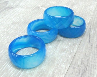 Blue agate faceted band ring sz 5 7 8 11 11.5 12 12.5 solid stone band carved gemstone boho rings unisex gift resort jewelry beach wedding