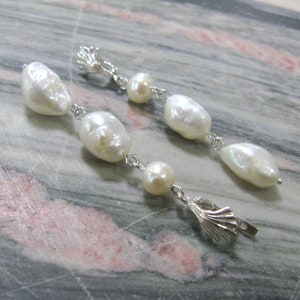 Long nugget pearl earrings natural white baroque pearl drop earrings in sterling silver with shell shaped top image 7