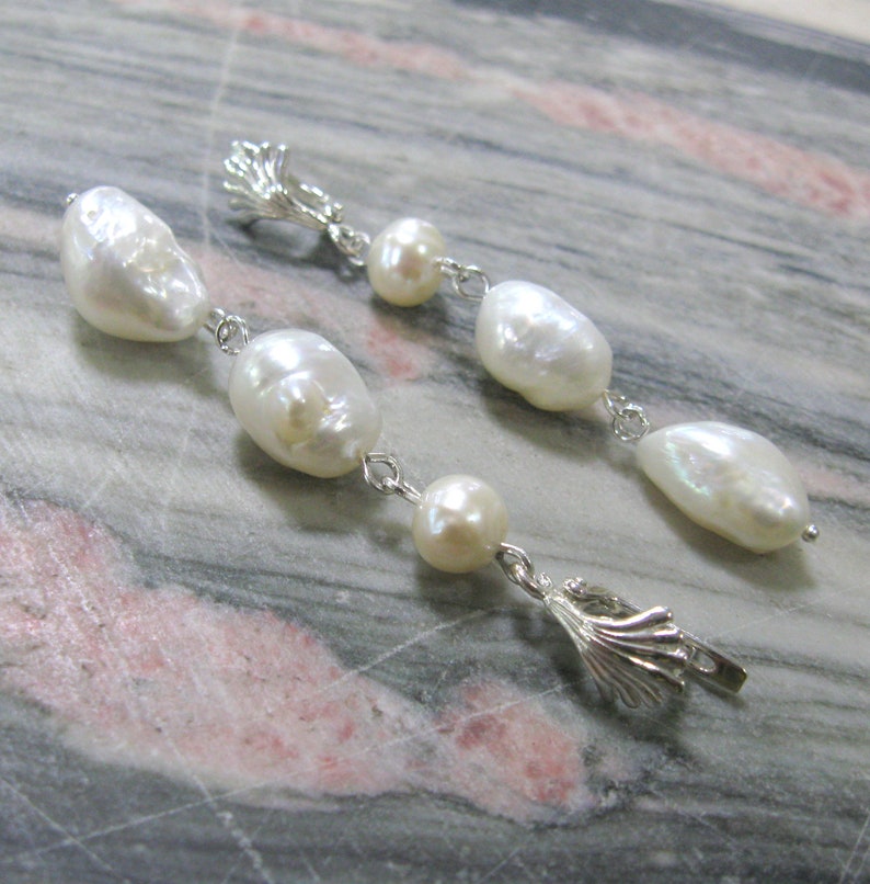 Long nugget pearl earrings natural white baroque pearl drop earrings in sterling silver with shell shaped top image 7