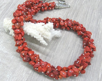 Chunky Red coral necklace Natural sponge coral chips beaded cluster terracotta red gemstone necklaces 22 inches strand genuine coral jewelry