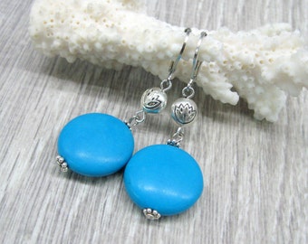 Turquoise coin disc shaped stone earrings blue turquoise howlite gemstone round beaded earrings summer birthday gift nautical resort jewelry