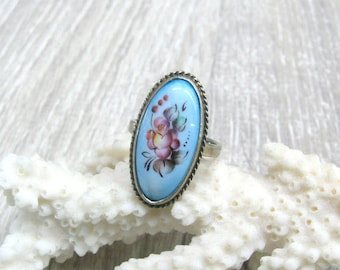 Hand painted porcelain enamel ring Russian finift vintage jewelry floral miniature rings size 7 8 Artisan ring blue ring red rose jewelry
