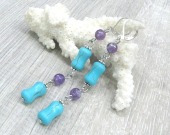 Teal and Purple Gemstone earrings Turquoise and Amethyst long earrings boho statement jewelry