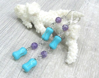 Teal and Purple Gemstone earrings Turquoise and Amethyst long earrings boho statement jewelry