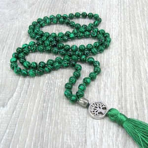 Green Malachite 108 Perlen Mala Baum des Lebens buddhistische Mantra Gebetskette 8 mm Yoga Meditation handgeknotete Mala Seide Quaste Zen Accessoire