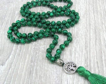 Green Malachite 108 bead mala  Tree of Life Buddhist mantra prayer beads 8 mm yoga meditation hand knotted mala silk tassel zen accessory