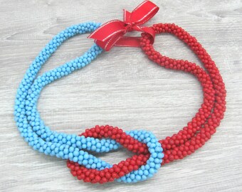 Set of two Vintage beaded necklaces coral red and turquoise blue glass bead crochet Kumihimo necklaces Patriotic Independence Day jewelry