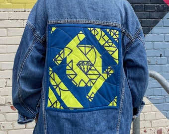 Quilted Patchwork Denim Jacket Upcycled Libs Elliott Fabric Sz Medium Mens/oversized