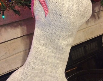 Burlap dog bone stocking with bow
