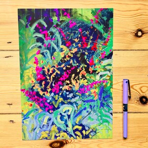 May include: Abstract painting featuring vibrant colours, including pink, blue, green, and yellow. The painting showcases a range of brushstrokes and textures, resulting in a dynamic and energetic composition.